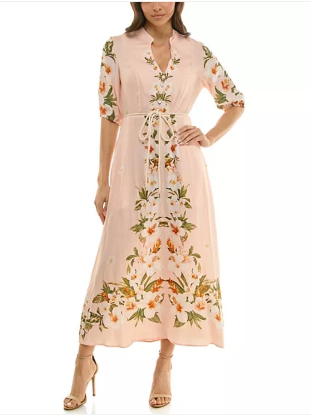 NWT Maison Tara Belted Floral Print Midi Dress Pink Size 8 Tie Waist Has Pockets